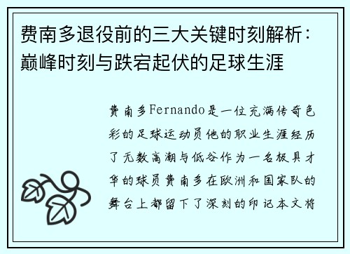 费南多退役前的三大关键时刻解析：巅峰时刻与跌宕起伏的足球生涯